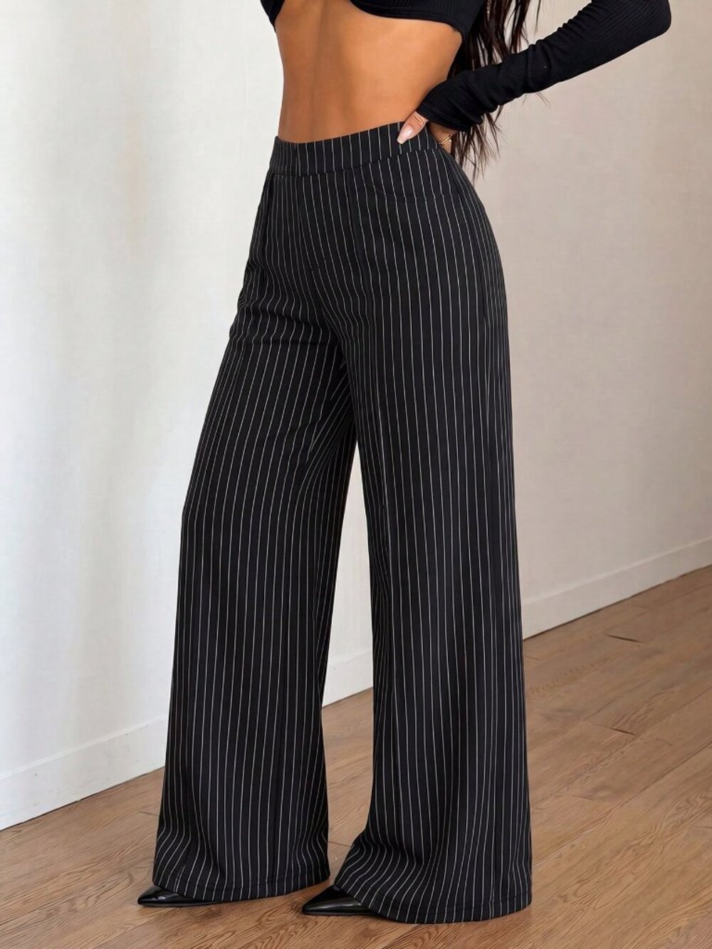 Black White Stripes Elegant Women's Elastic Wide Leg Pants